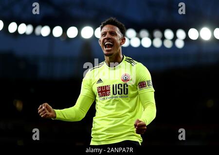 Emirates Stadium, Londra, Regno Unito. Xviii gennaio 2020; Emirates Stadium di Londra, Inghilterra; English Premier League Football, Arsenal contro Sheffield Regno; Callum Robinson di Sheffield Regno celebra il traguardo da John Fleck per 1-1 nell'ottantatreesimo minuto - rigorosamente solo uso editoriale. Nessun uso non autorizzato di audio, video, dati, calendari, club/campionato loghi o 'live' servizi. Online in corrispondenza uso limitato a 120 immagini, nessun video emulazione. Nessun uso in scommesse, giochi o un singolo giocatore/club/league pubblicazioni Foto Stock