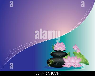 Ciottoli neri pila, pietre zen heap e viola fiore di loto sfondo. Illustrazione Vettoriale