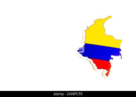 Los Angeles, California, Stati Uniti - 17 gennaio 2020: Bandiera nazionale della Colombia. Contorno del paese su sfondo bianco con spazio di copia. Illustrazione politica Foto Stock