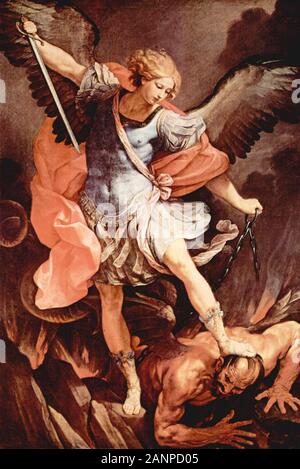 San Michele Arcangelo, 1636. di Guido Reni. L'Arcangelo Michele calpestare Satana indossa un tardo romana mantello militare e corazza Foto Stock