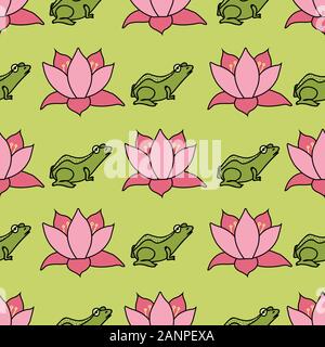 Le rane e fiori di loto in righe luminose su sfondo verde senza giunture vettore modello di ripetere la superficie di progettazione Illustrazione Vettoriale