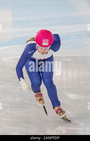 Olivia Weedon del Team GB (17) di Twickenham in gara nel pattinaggio di velocità a breve distanza femminile 1000m durante i Giochi Olimpici Giovanili di Losanna 2020. Foto Stock