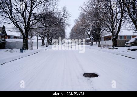 East End della città di Montreal via coperta di neve durante una tempesta di neve incorniciato da alberi sfrondato Foto Stock