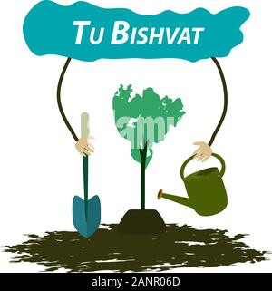 Tu Bishvat Jewish nuovo anno di alberi. La piantagione di alberi a Tu Bishvat. In stile appartamento. Illustrazione Vettoriale su sfondo isolato. Illustrazione Vettoriale