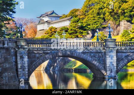 Il palazzo imperiale e il giardino in Giappone la città capitale - Tokyo. Famoso Nishinomaru gate con il ponte di pietra di fronte riempiti di acqua fossato e stagno che conduce a O Foto Stock