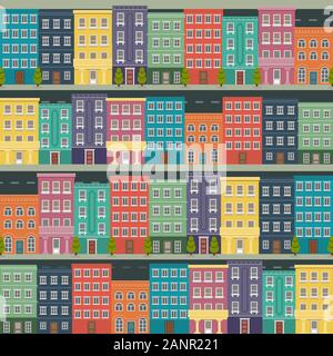 Patern seamless tile case cartoon street panorama con con strade, porte e finestre. Funny minima cityscape piatta Illustrazione Vettoriale