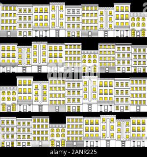Patern seamless tile case cartoon street panorama con con strade, porte e finestre. Funny minima cityscape piatta Illustrazione Vettoriale