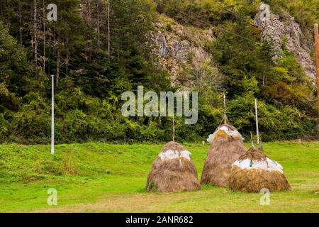 Haystacks coperto da un foglio di plastica per la protezione contro la pioggia su un prato campo rurale in montagna. Splendido paesaggio di campagna Foto Stock