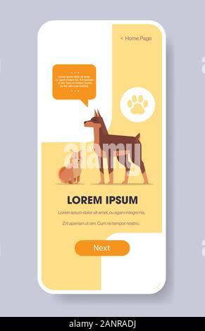 Doberman e Shiba Inu cani amica umana sito pet o online shop cartoon animale lo schermo dello smartphone mobile app copia spazio verticale illustrazione vettoriale Illustrazione Vettoriale