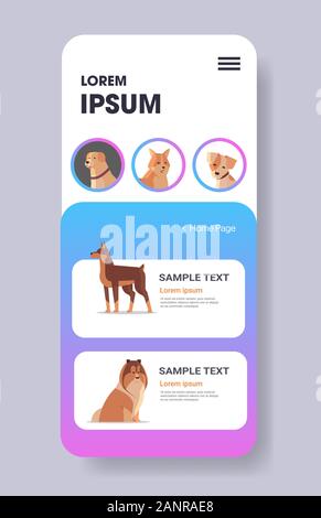 Cani differenti icone uomo peloso amici animali domestici il sito Web o online shop cartoon animali lo schermo dello smartphone mobile app copia spazio verticale illustrazione vettoriale Illustrazione Vettoriale