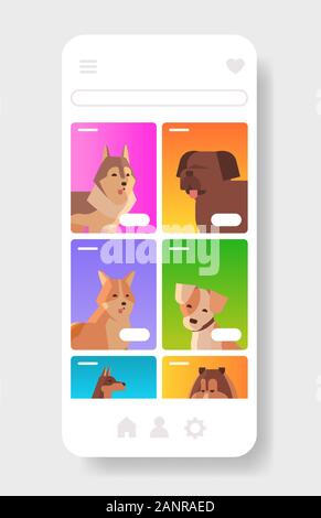 Diversi ritratti di cani pelosi amici umani animali domestici il sito Web o online shop cartoon animali lo schermo dello smartphone mobile app copia spazio verticale illustrazione vettoriale Illustrazione Vettoriale