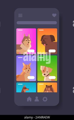 Diversi ritratti di cani pelosi amici umani animali domestici il sito Web o online shop cartoon animali lo schermo dello smartphone mobile app copia spazio verticale illustrazione vettoriale Illustrazione Vettoriale