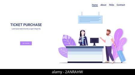 L'uomo traveler con i bagagli in piedi al bancone imprenditore acquistare biglietti aerei Viaggi turismo vacanza acquisto biglietto concetto a piena lunghezza orizzontale illustrazione vettoriale Illustrazione Vettoriale