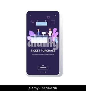 L'uomo traveler con i bagagli in piedi al bancone imprenditore acquistare biglietti aerei Viaggi turismo vacanza acquisto biglietto concetto a piena lunghezza lo schermo dello smartphone mobile app illustrazione vettoriale Illustrazione Vettoriale