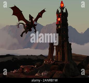 Illustrazione 3D di Fantasy Dragon e Dark Tower Foto Stock