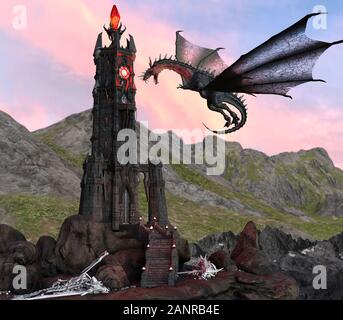 Illustrazione 3D di Fantasy Dragon e Dark Tower Foto Stock