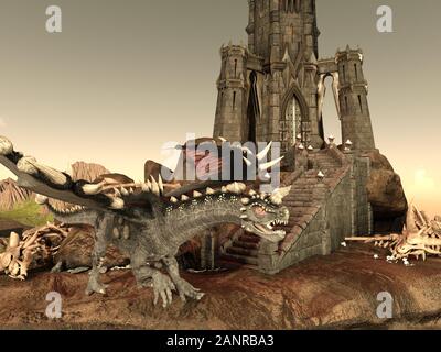 Illustrazione 3D di Fantasy Dragon e Dark Tower Foto Stock
