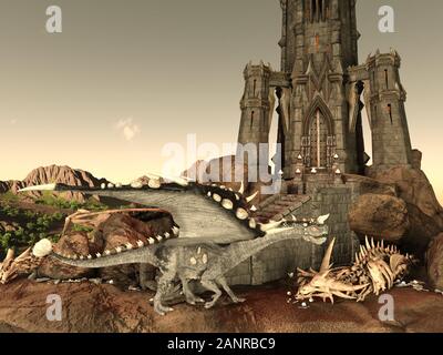 Illustrazione 3D di Fantasy Dragon e Dark Tower Foto Stock