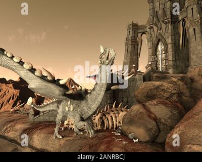 Illustrazione 3D di Fantasy Dragon e Dark Tower Foto Stock