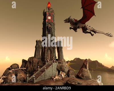 Illustrazione 3D di Fantasy Dragon e Dark Tower Foto Stock