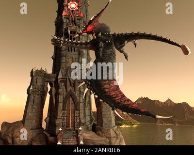Illustrazione 3D di Fantasy Dragon e Dark Tower Foto Stock