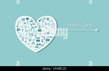 Health care concetto medico con icone sulla forma di cuore design piatto illustrazione vettoriale Illustrazione Vettoriale