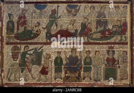 De frontale altare con la rappresentazione de escenas de la vida de San Martín de Tours. Romanico. Taller leridano. Il Tabla policromato. Santa María de Palau de Rialb (provincia de Lleida, Cataluña). Último tercio del siglo XIII. Museo de las Peregrinaciones y de Santiago. Santiago de Compostela. Provincia de La Coruña. La Galizia. España. Foto Stock