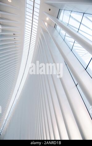 Westfield World Trade Center Mall, architettura, soffitto bianco, vista ravvicinata a New York, NY Foto Stock