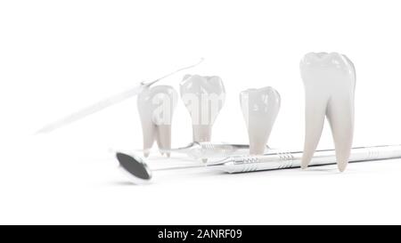 Denti sani isolato su uno sfondo bianco. Denti con strumenti dentali. Concetto di spazzolatura dei denti, di cura e di protezione contro la carie. Per la cura del cavo orale. Denti Foto Stock