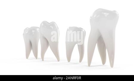 Illustrazione 3d denti sani isolati su sfondo bianco. Set di denti. Il concetto di spazzolatura dei denti, cura e protezione contro le carie. Cura orale Foto Stock