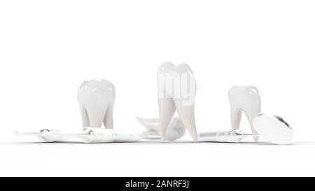 Denti sani isolato su uno sfondo bianco. Denti con strumenti dentali. Concetto di spazzolatura dei denti, di cura e di protezione contro la carie. Per la cura del cavo orale. Denti Foto Stock