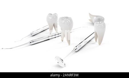 Denti sani isolato su uno sfondo bianco. Denti con strumenti dentali. Concetto di spazzolatura dei denti, di cura e di protezione contro la carie. Per la cura del cavo orale. Denti Foto Stock