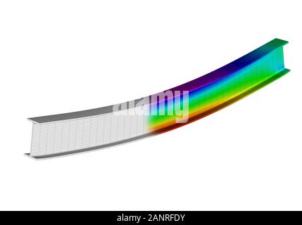 Una semplice piegatura della trave ad i supportata. Vista 3D della deformazione della mesh e grafico delle sollecitazioni normali dall'analisi degli elementi finiti sul dorso bianco Foto Stock