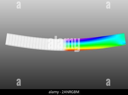 Una semplice piegatura della trave ad i supportata. Vista laterale 3D della deformazione della mesh e grafico delle sollecitazioni normali derivanti dall'analisi degli elementi finiti sul dorso grigio Foto Stock