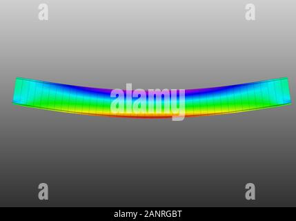 Una semplice piegatura della trave ad i supportata. Vista laterale 3D della deformazione della mesh e grafico delle sollecitazioni normali derivanti dall'analisi degli elementi finiti sul dorso grigio Foto Stock