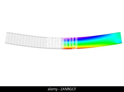 Una semplice piegatura della trave ad i supportata. Vista laterale 3D della deformazione della mesh e grafico delle sollecitazioni normali derivanti dall'analisi degli elementi finiti sul dorso bianco Foto Stock