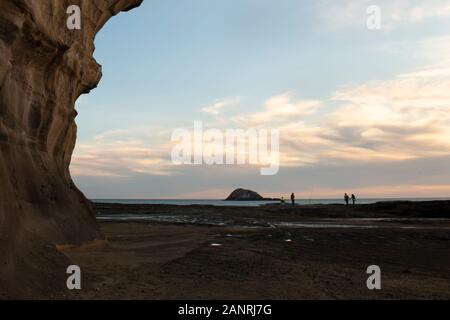 Persone di pesca e passeggiate sulla spiaggia Muriwai al tramonto Foto Stock