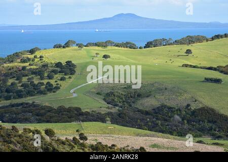 Terreni agricoli della penisola Whangaparaoa con un po' di traffico tra Rangitoto isola di Vulcano e terraferma nel Golfo di Hauraki. Foto Stock