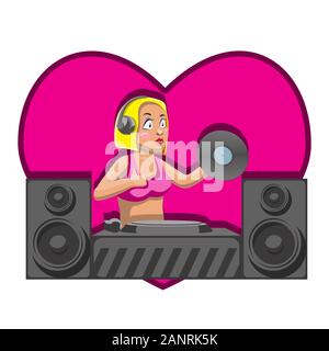 DJ ragazza con una dinamica registrare mix cuore musica su un isolato bianco sullo sfondo. Immagine vettoriale. Cartoon Illustrazione Vettoriale