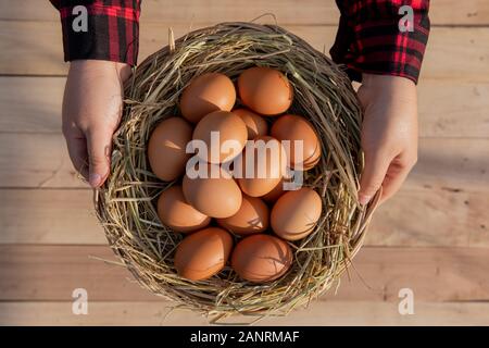 Le donne portano a strisce rosse camicie, mettere le uova fresche in rattan cestelli disposti sul pavimento in legno. Foto Stock