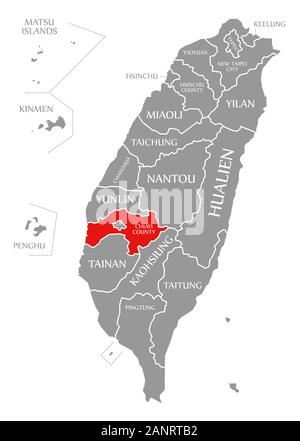 La Contea di Chiayi evidenziata in rosso nella mappa di Taiwan Foto Stock