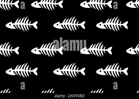 Scheletri di pesci, seamless pattern di moda, ripetere lo sfondo con pesci, ossa, animale, banner per stampa tessile, tessuto, vettore in bianco e nero illustrazione Illustrazione Vettoriale