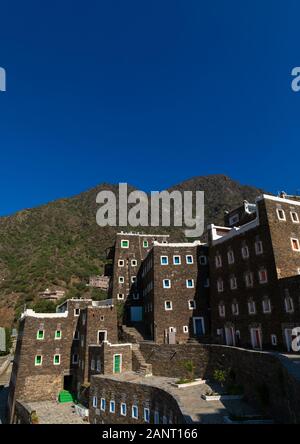 Multi-storey case fatte di pietre, Provincia di Asir, Rijal Alma, Arabia Saudita Foto Stock