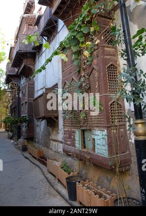 Le vecchie case in legno mashrabiyas di al-Balad trimestre, Mecca provincia, Jeddah, Arabia Saudita Foto Stock