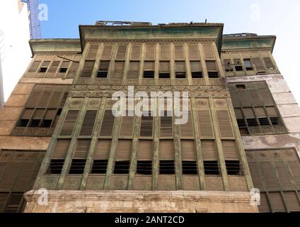 Vecchia casa in legno mashrabiya di al-Balad trimestre, Mecca provincia, Jeddah, Arabia Saudita Foto Stock