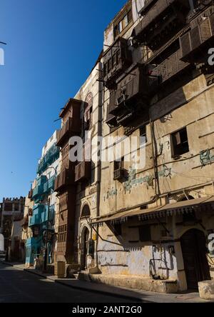 Casa storica con mashrabiyas in legno di al-Balad trimestre, Mecca provincia, Jeddah, Arabia Saudita Foto Stock