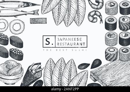 La cucina giapponese modello di disegno. Sushi disegnati a mano illustrazioni vettoriali. In stile vintage sian cibo sfondo. Illustrazione Vettoriale