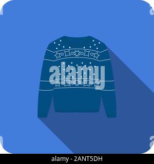 Inverno caldo maglione blu a maglia piana scandinavo icona con lunga ombra Illustrazione Vettoriale