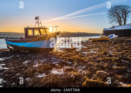 Appledore, North Devon, Regno Unito. 19 gennaio 2020. Regno Unito Meteo. Dopo una notte fredda nel North Devon, all'alba, uno strato di brina copre le piccole barche ormeggiate a bassa marea sul fiume Torridge estuary presso il villaggio costiero di Appledore. Terry Mathews/Alamy Live News. Foto Stock