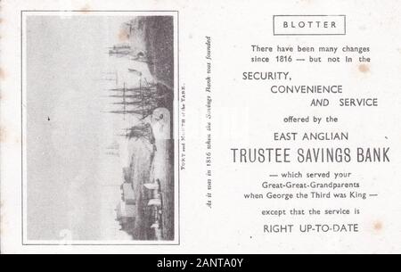 Vintage East Anglian Trustee Savings Bank Blotter / Postcard con un dipinto bianco e nero del Forte e La Bocca dello Yare nel 1816. Foto Stock